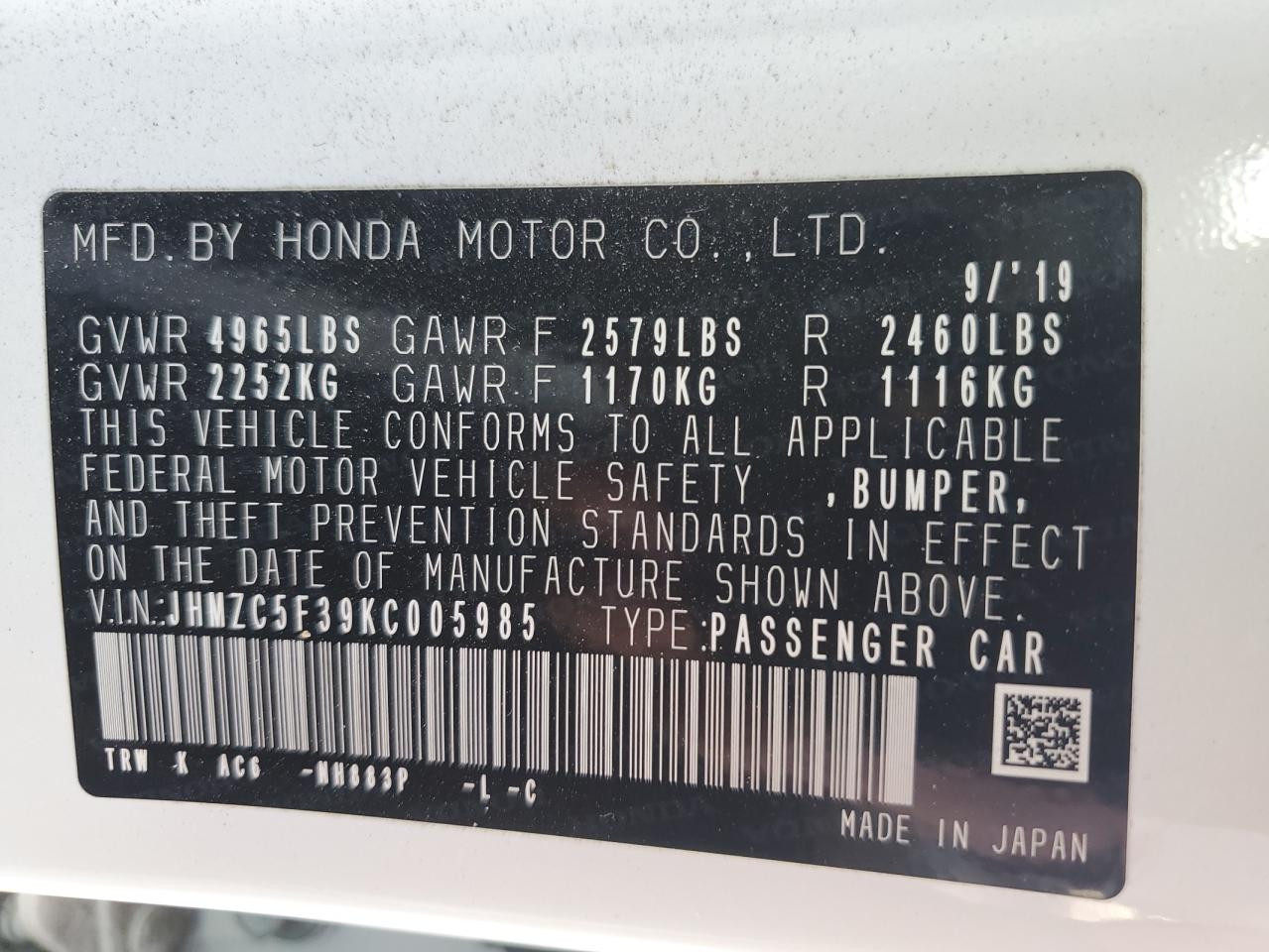 JHMZC5F39KC005985 2019 Honda Clarity Touring