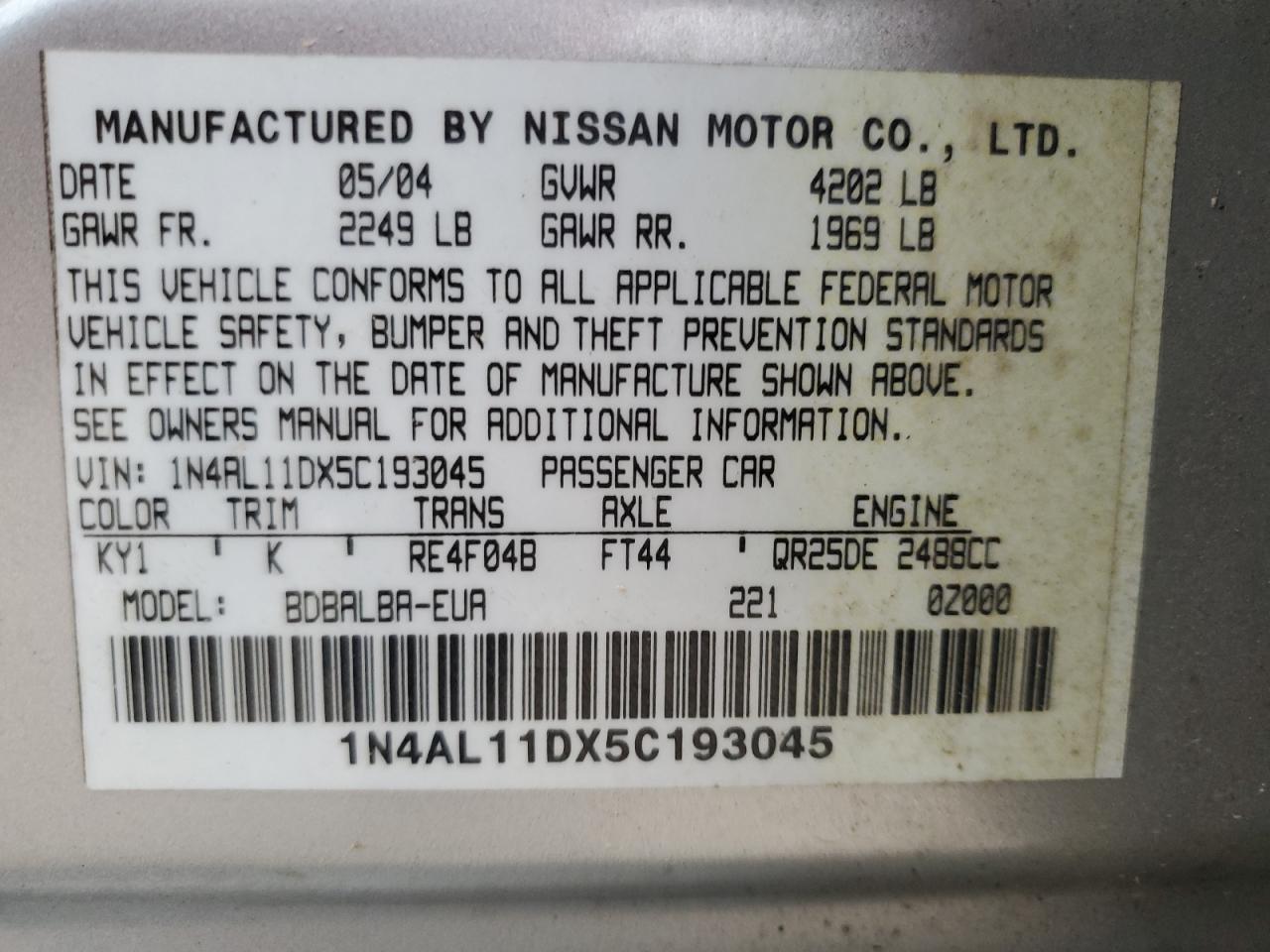 2005 Nissan Altima S VIN: 1N4AL11DX5C193045 Lot: 73296784