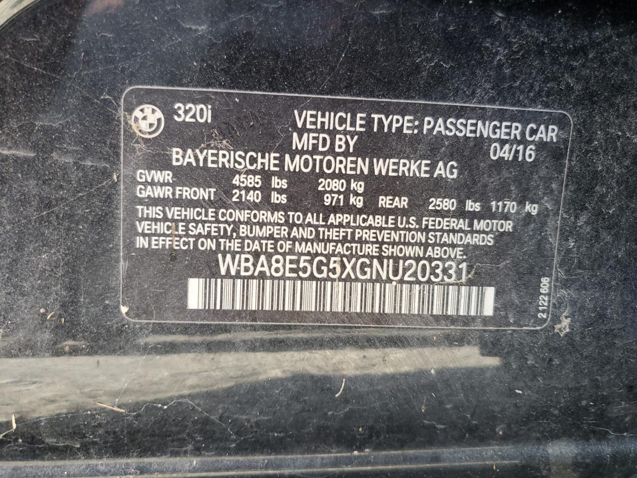 VIN WBA8E5G5XGNU20331 2016 BMW 3 SERIES no.12