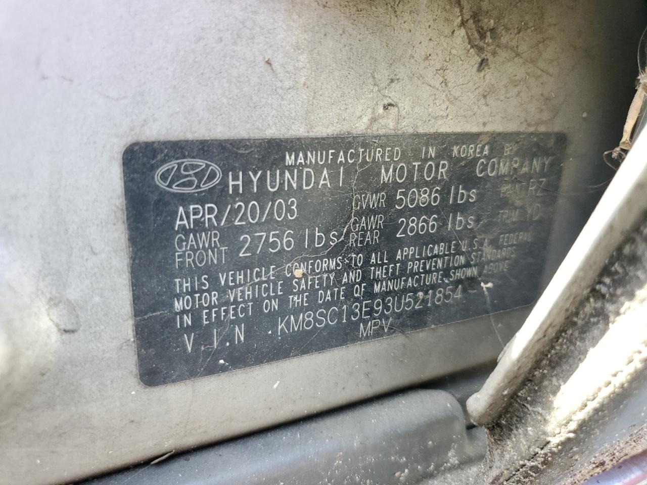 KM8SC13E93U521854 2003 Hyundai Santa Fe Gls