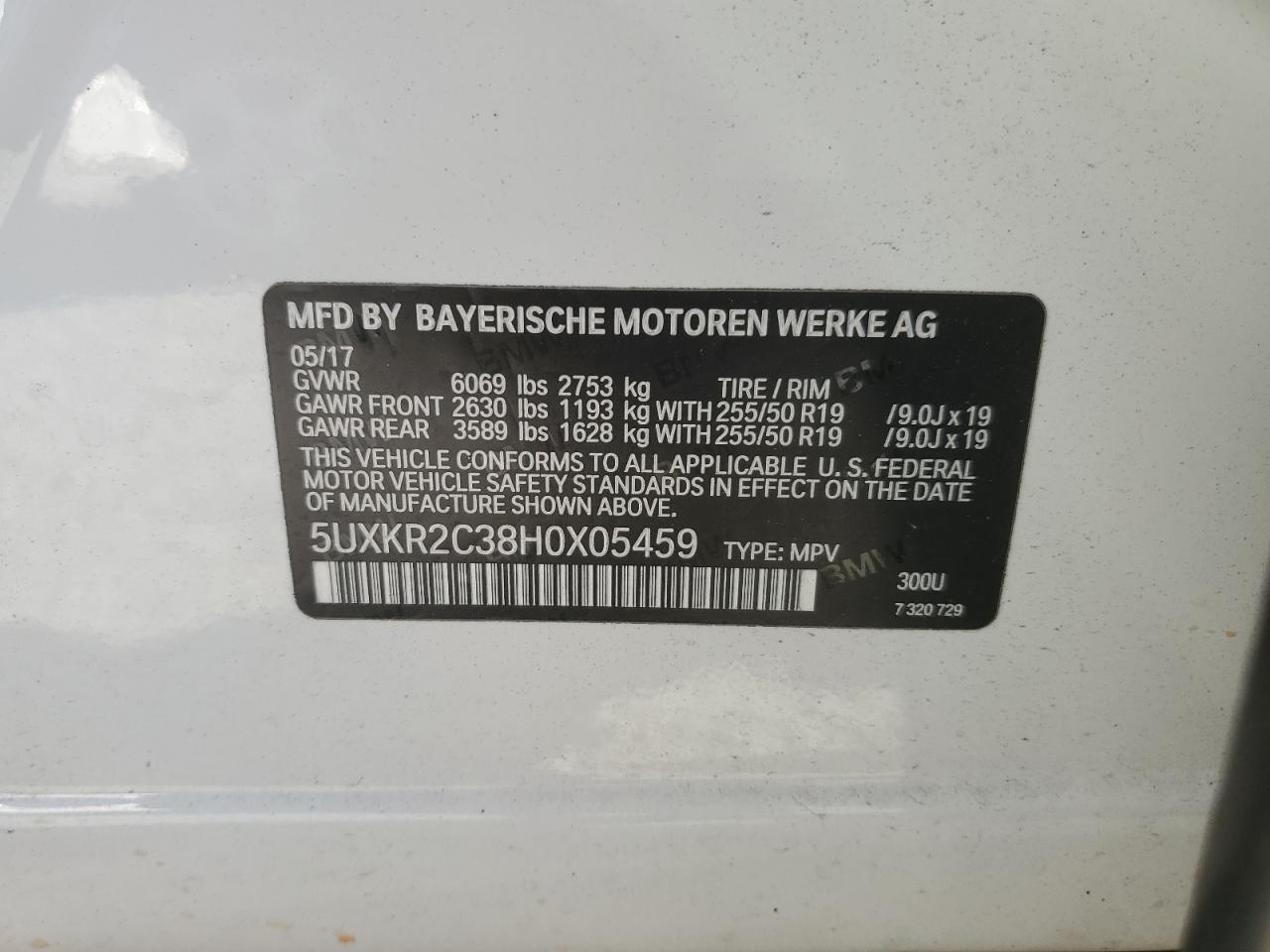 5UXKR2C38H0X05459 2017 BMW X5 Sdrive35I