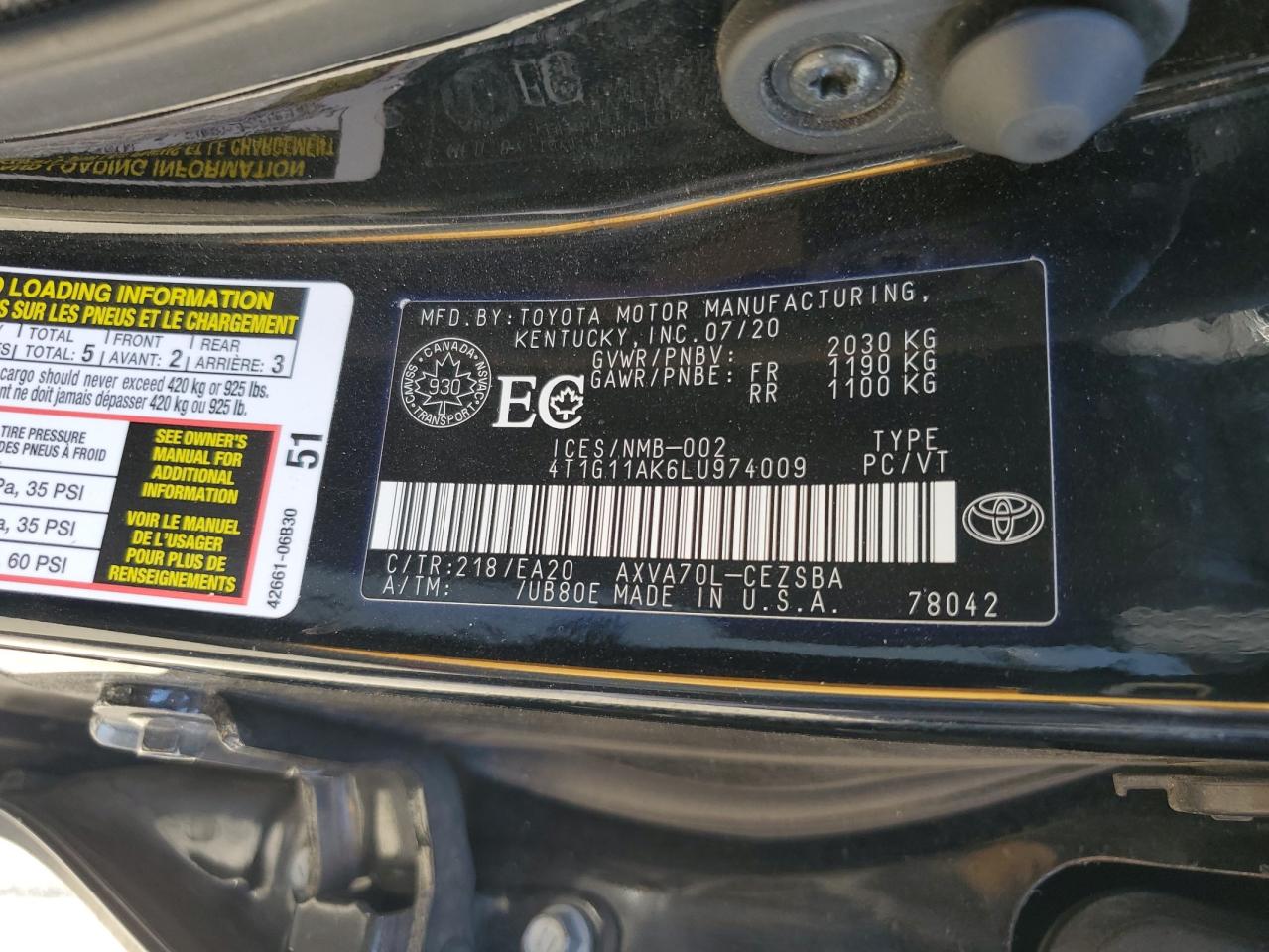 4T1G11AK6LU974009 2020 Toyota Camry Se