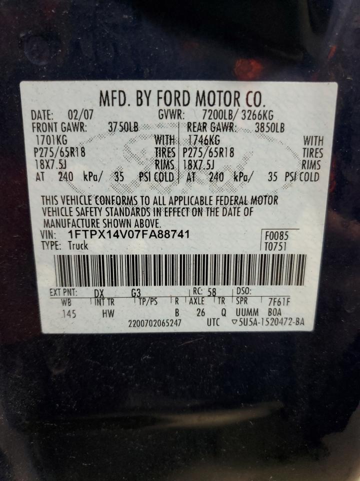 2007 Ford F150 VIN: 1FTPX14V07FA88741 Lot: 78603894