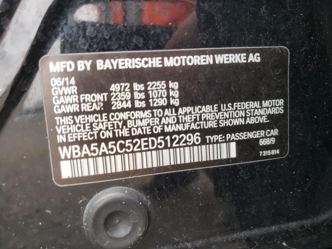 VIN WBA5A5C52ED512296 2014 BMW 5 SERIES no.12