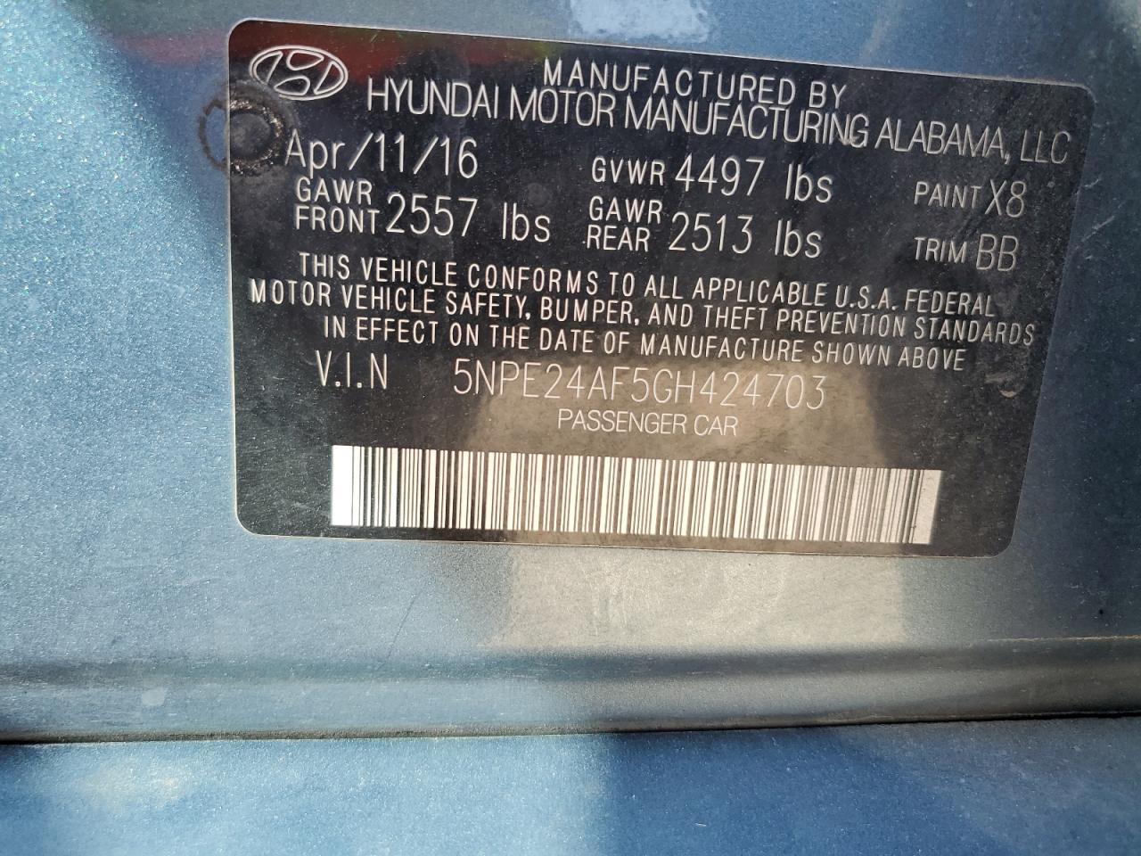 VIN 5NPE24AF5GH424703 2016 HYUNDAI SONATA no.12