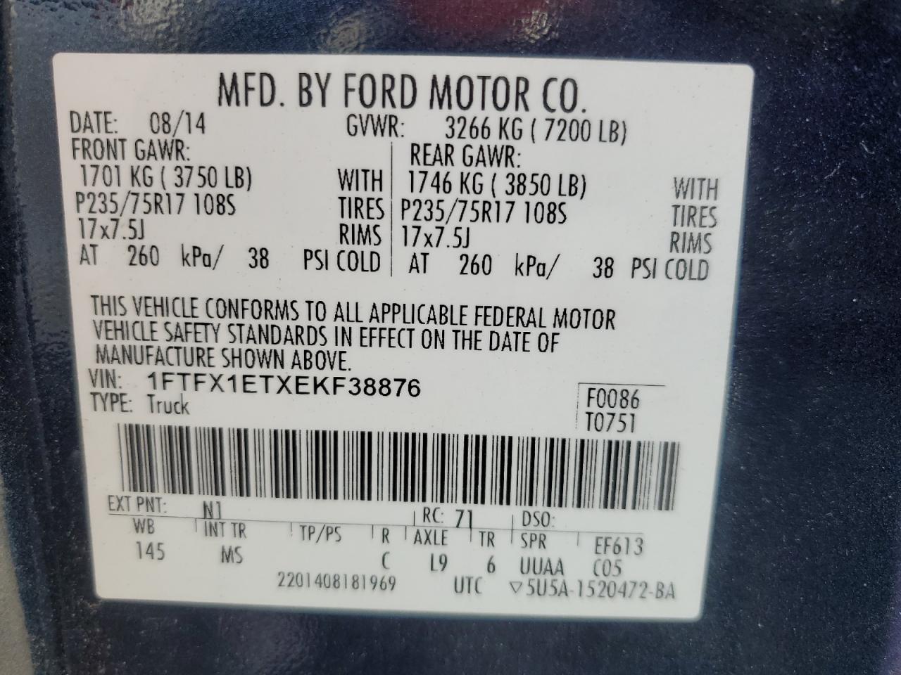 1FTFX1ETXEKF38876 2014 Ford F150 Super Cab