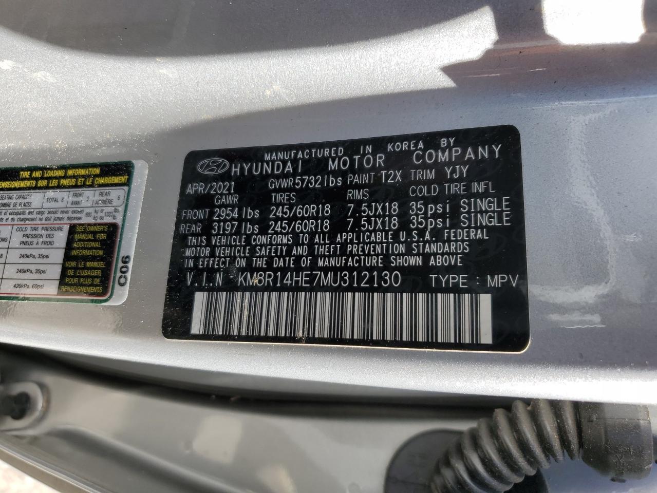 KM8R14HE7MU312130 2021 Hyundai Palisade Se