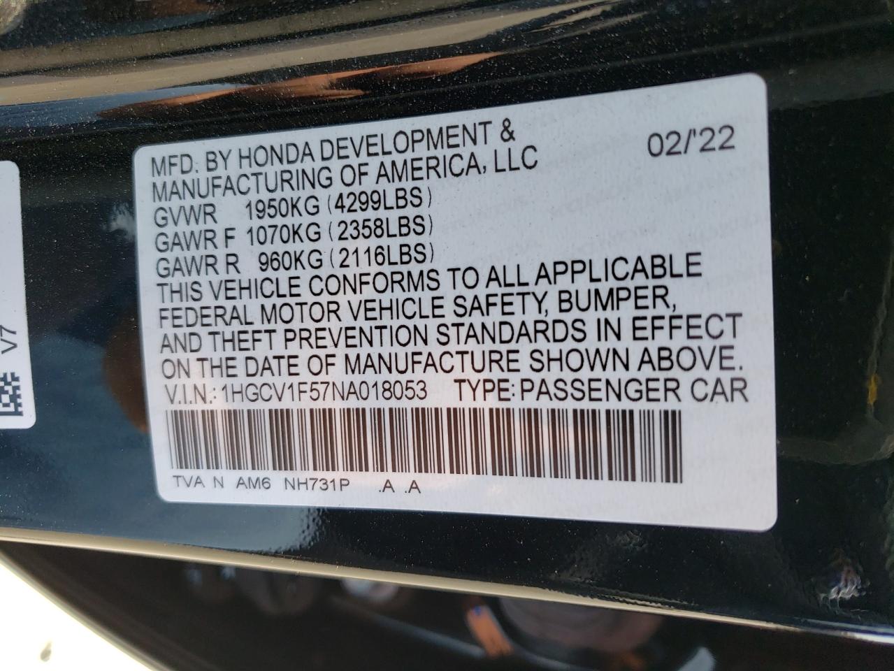 1HGCV1F57NA018053 2022 Honda Accord Exl