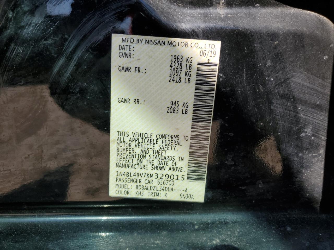 1N4BL4BV7KN329015 2019 Nissan Altima S