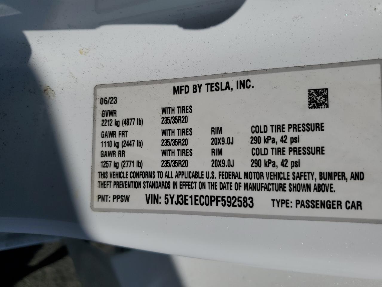 VIN 5YJ3E1EC0PF592583 2023 TESLA MODEL 3 no.12