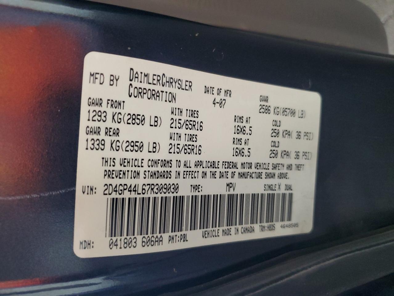 2007 Dodge Grand Caravan Sxt VIN: 2D4GP44L67R309030 Lot: 74042204