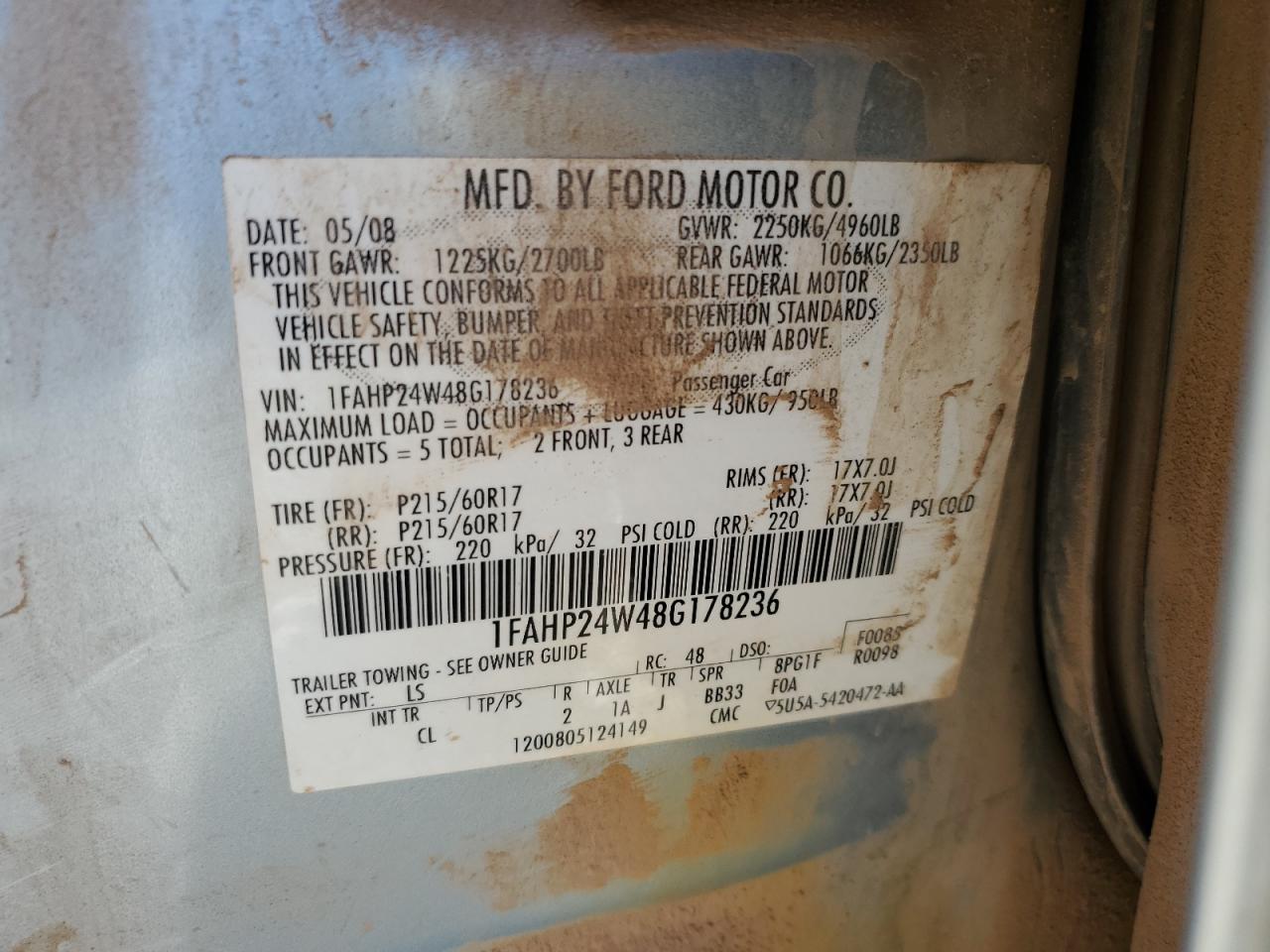 2008 Ford Taurus Sel VIN: 1FAHP24W48G178236 Lot: 75263824