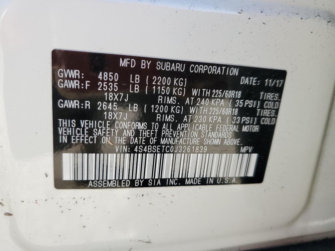 4S4BSETC0J3261839 2018 Subaru Outback Touring