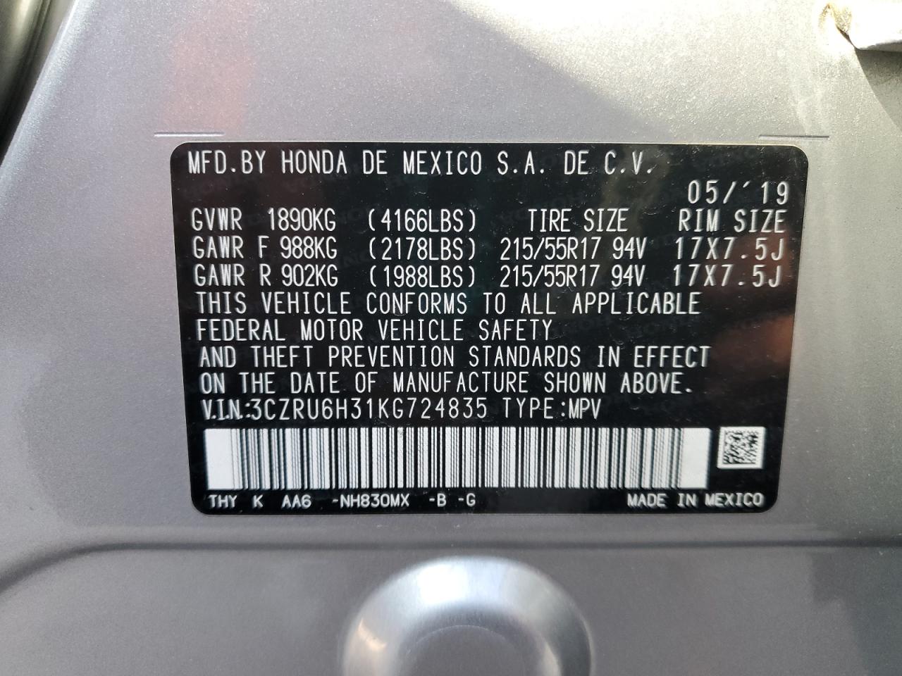 3CZRU6H31KG724835 2019 Honda Hr-V Lx