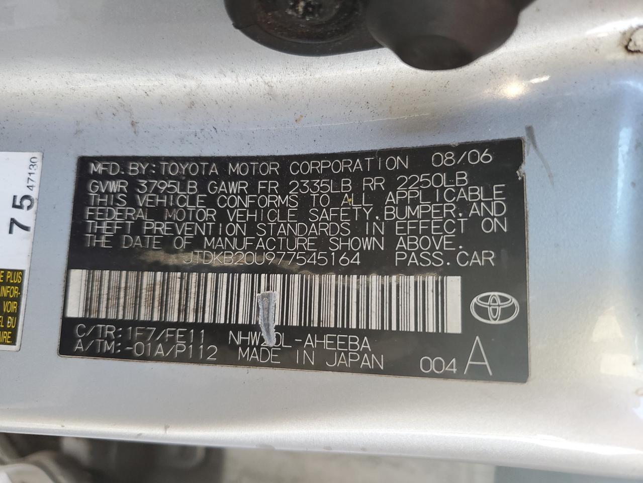 JTDKB20U977545164 2007 Toyota Prius