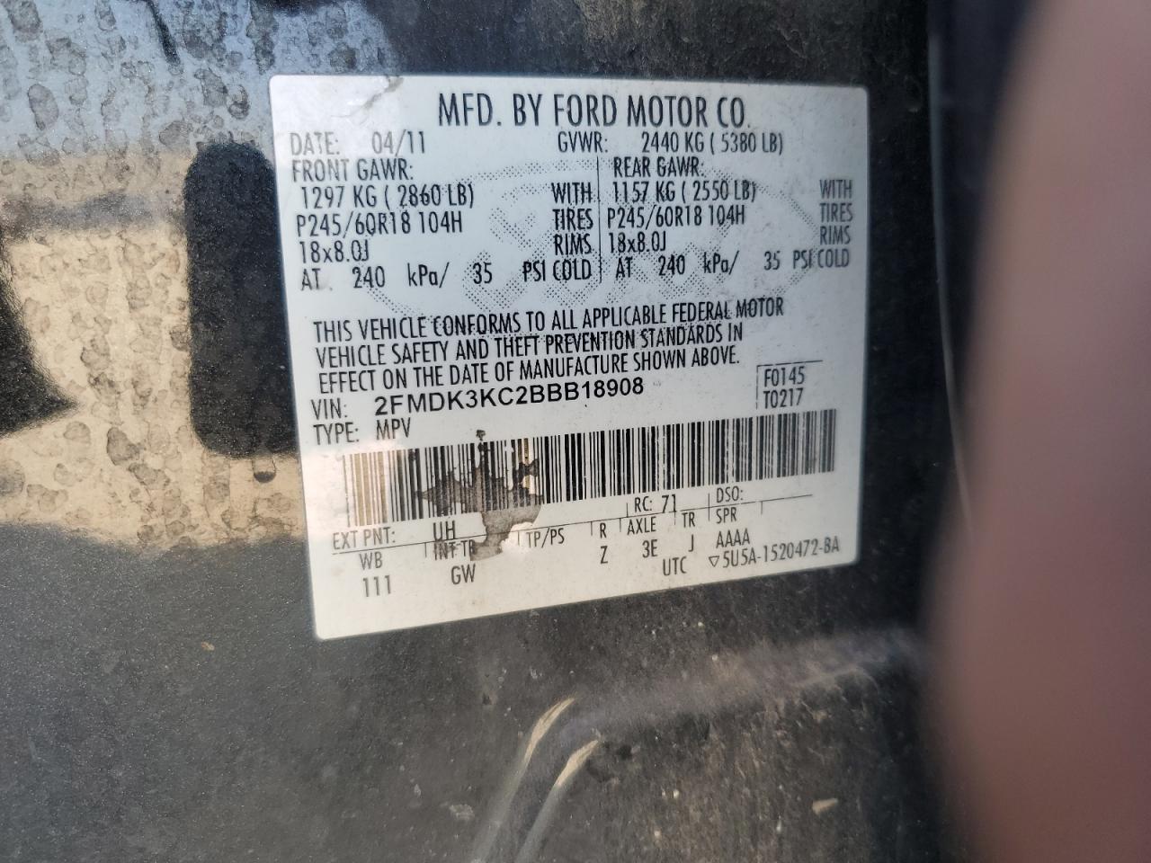 2011 Ford Edge Limited VIN: 2FMDK3KC2BBB18908 Lot: 75948244