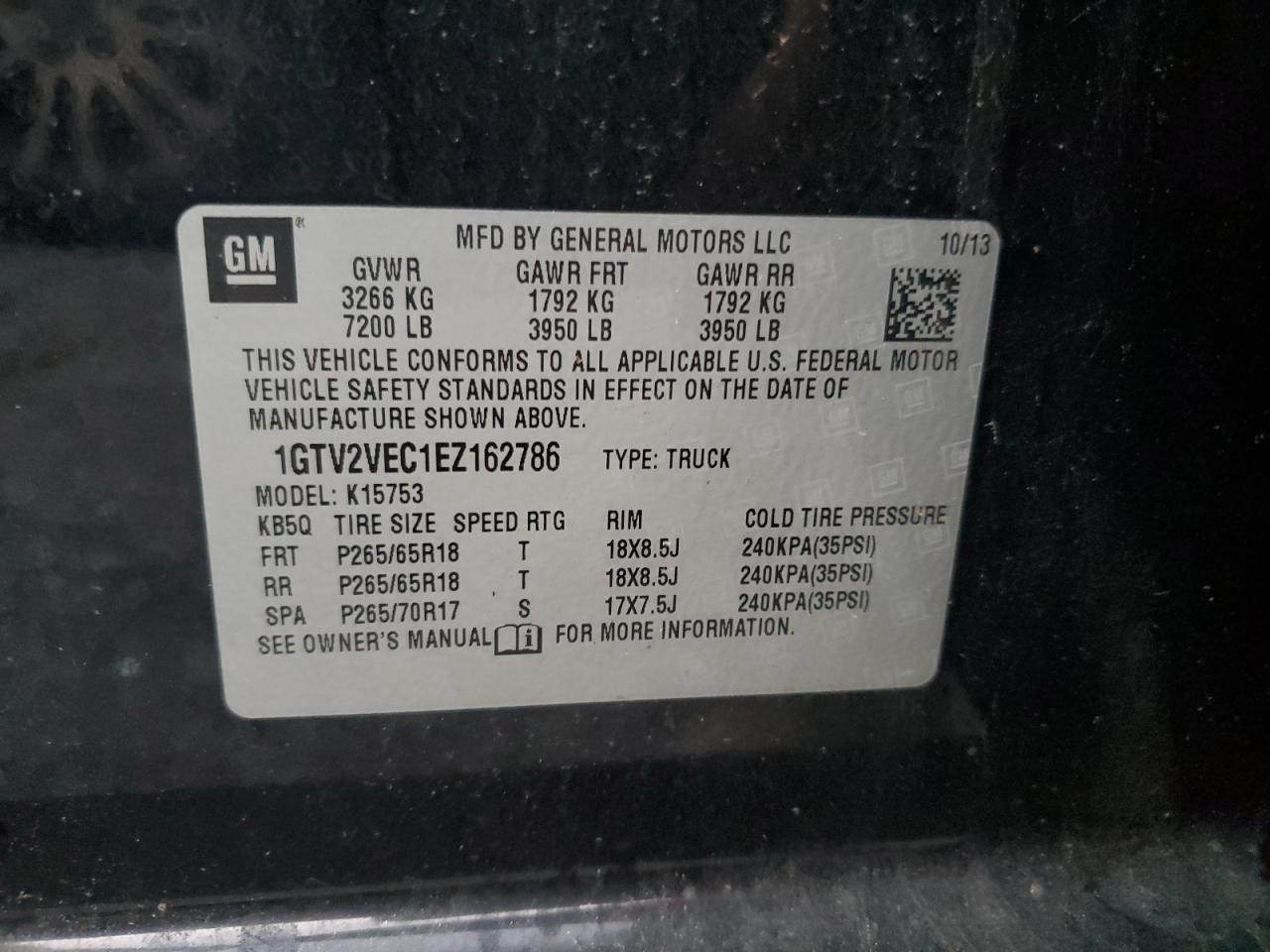 1GTV2VEC1EZ162786 2014 GMC Sierra K1500 Slt