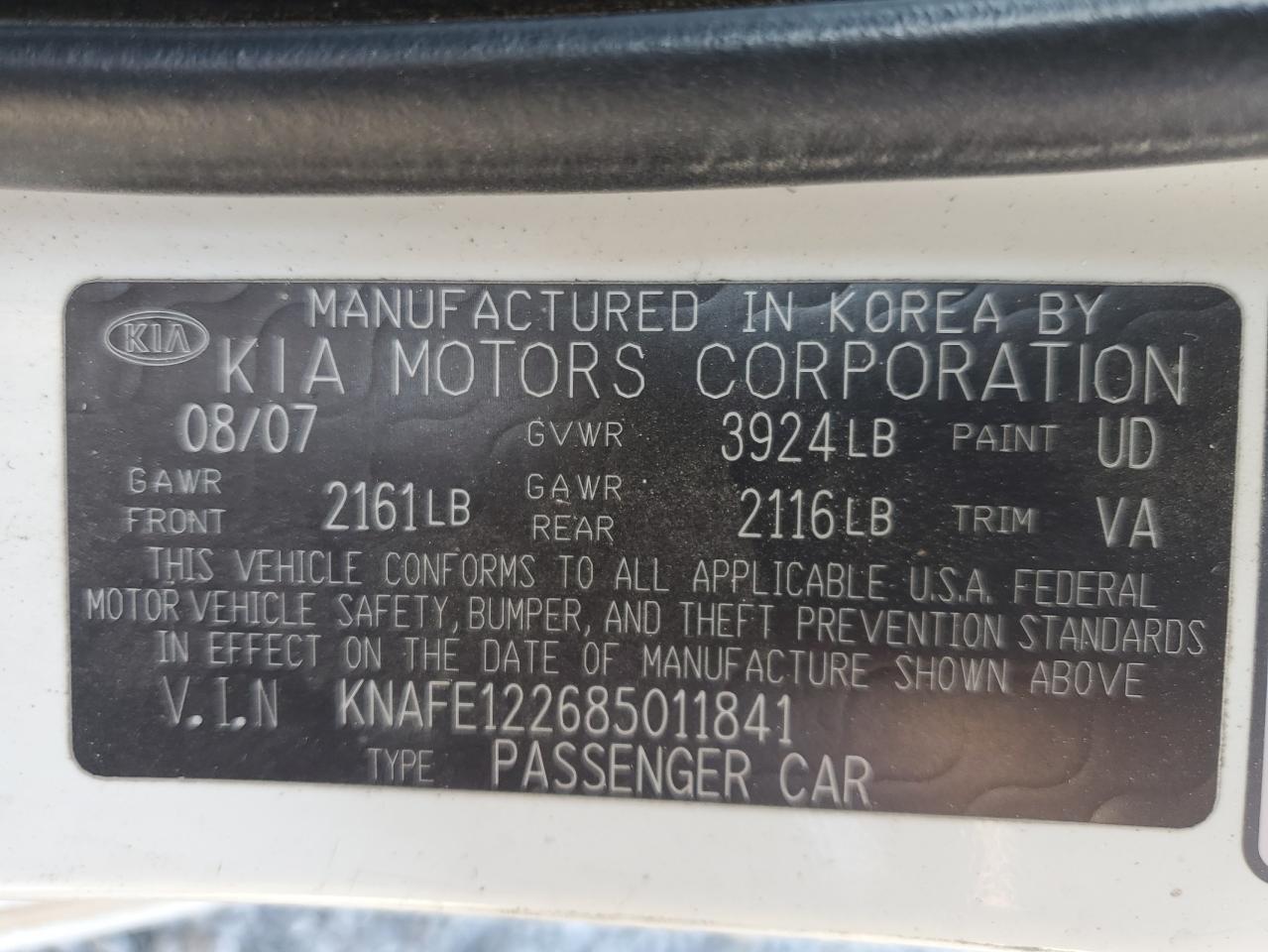 KNAFE122685011841 2008 Kia Spectra Ex