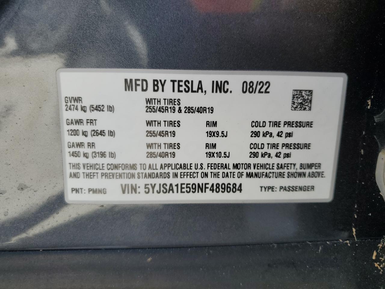 2022 Tesla Model S VIN: 5YJSA1E59NF489684 Lot: 74705834