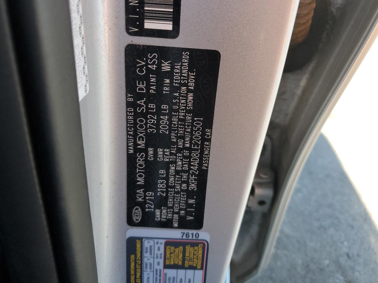 2020 Kia Forte Fe VIN: 3KPF24AD8LE206501 Lot: 76035264