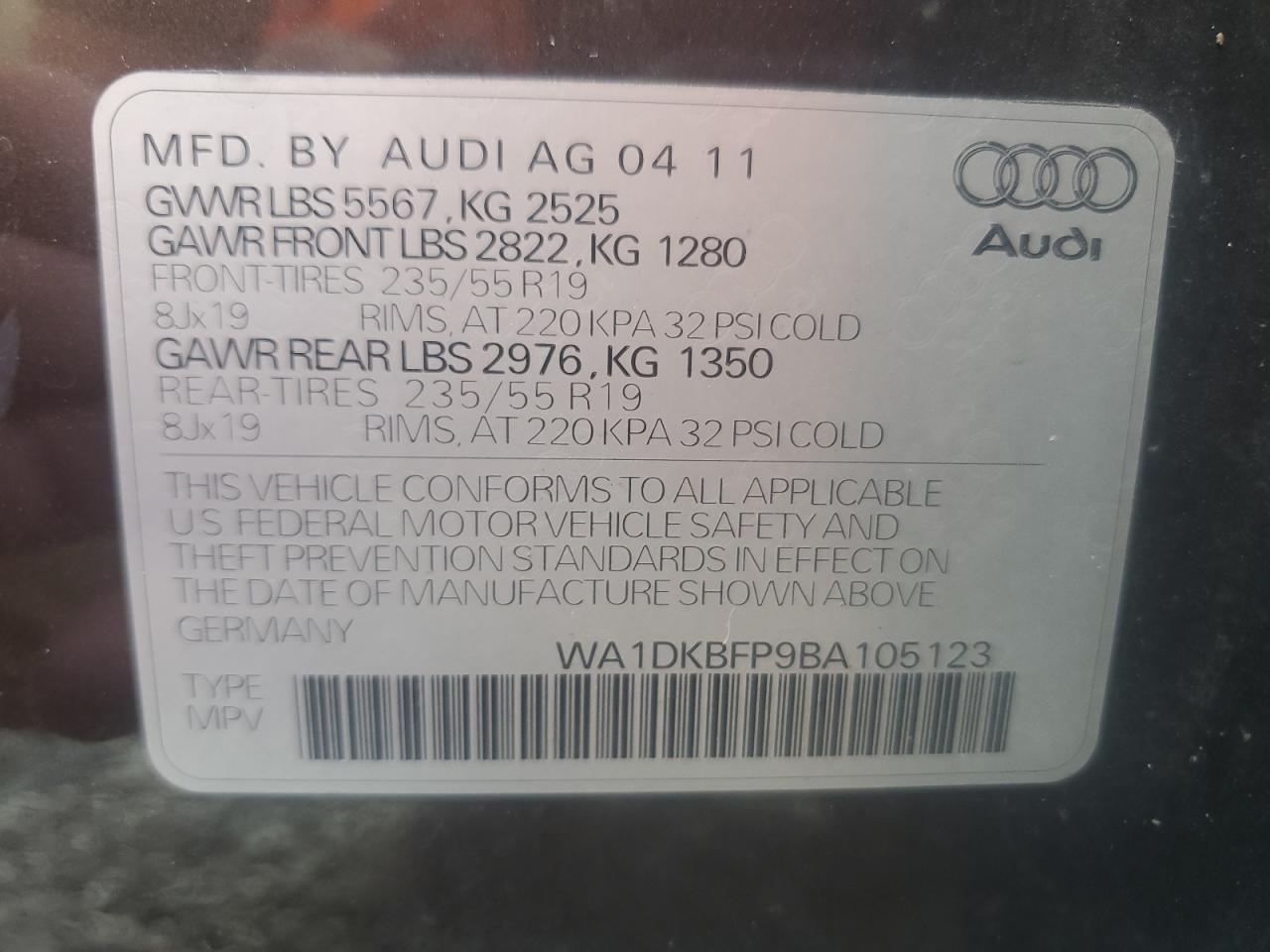 WA1DKBFP9BA105123 2011 Audi Q5 Premium Plus