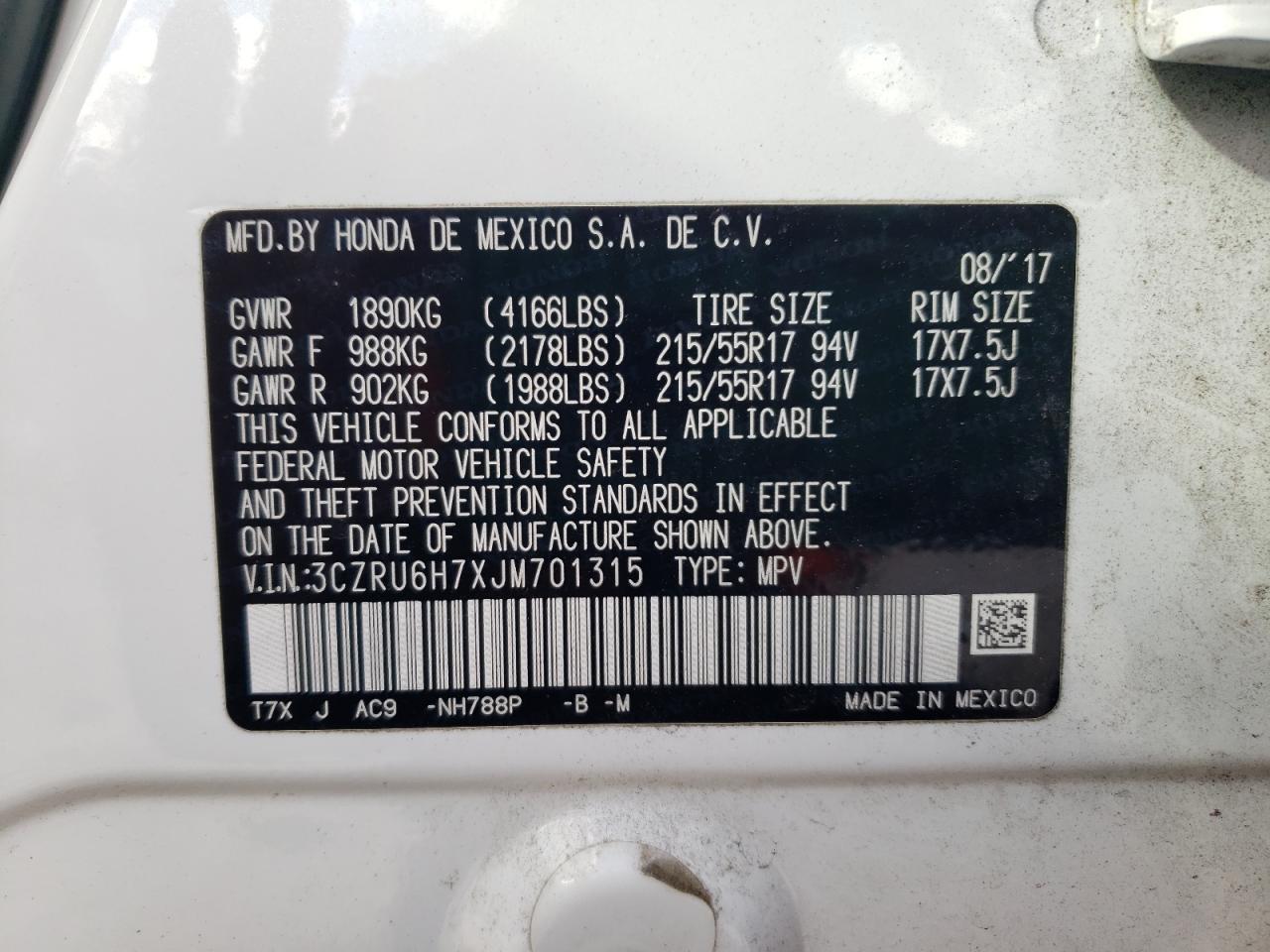 3CZRU6H7XJM701315 2018 Honda Hr-V Exl