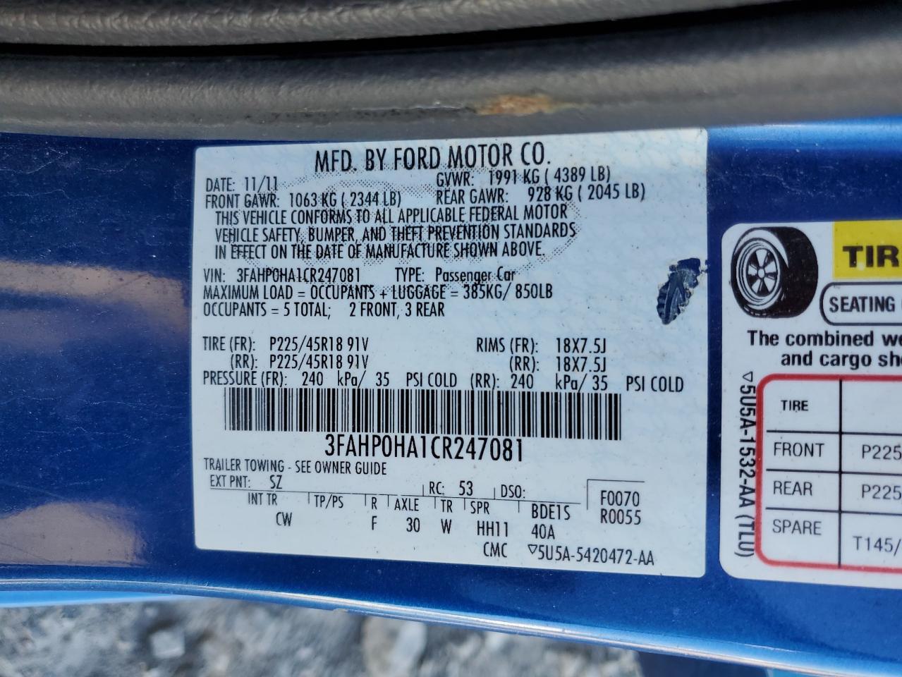 2012 Ford Fusion Se VIN: 3FAHP0HA1CR247081 Lot: 73334024