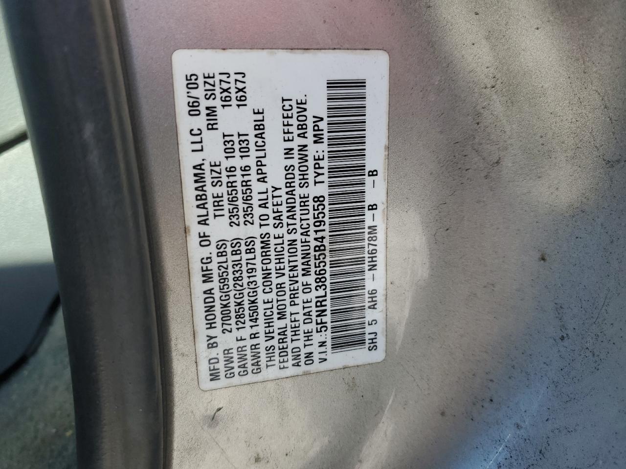 5FNRL38655B419558 2005 Honda Odyssey Exl