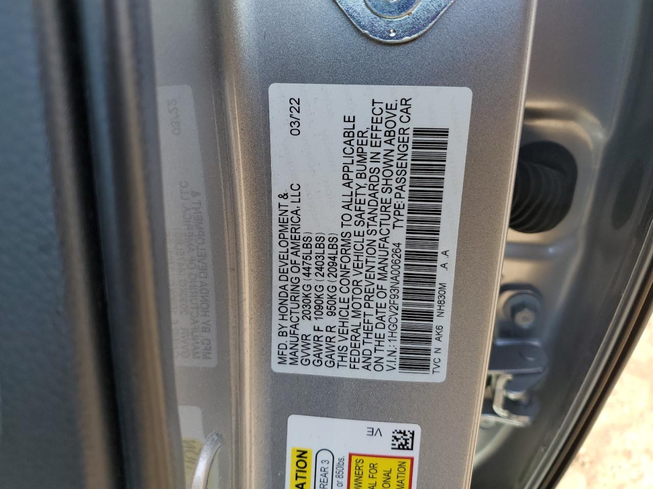 1HGCV2F93NA006264 2022 Honda Accord Touring