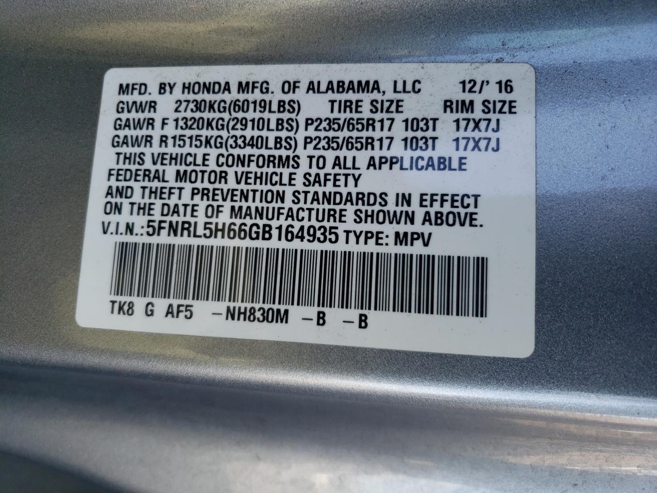 5FNRL5H66GB164935 2016 Honda Odyssey Exl