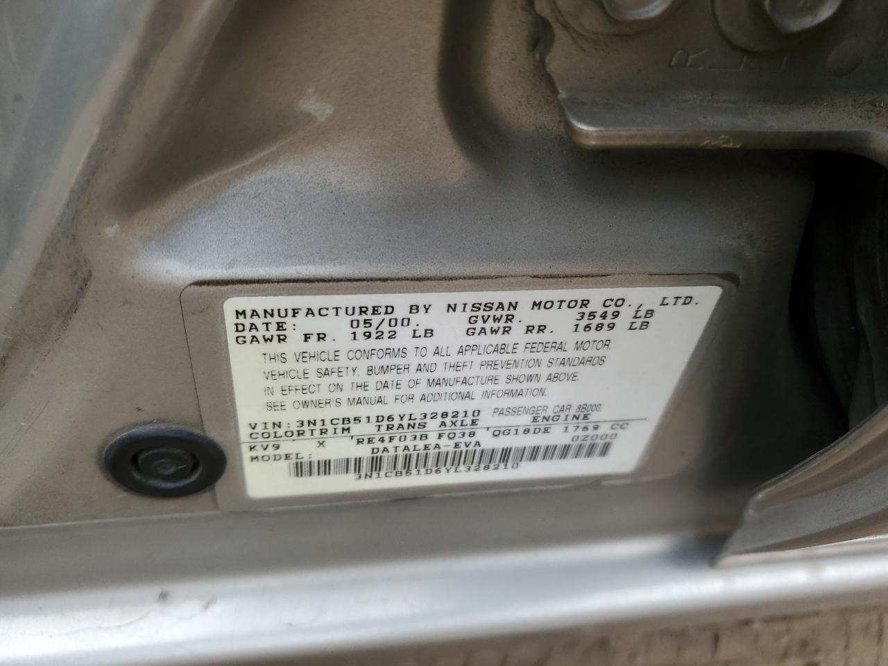 2000 Nissan Sentra Base VIN: 3N1CB51D6YL328210 Lot: 78659614