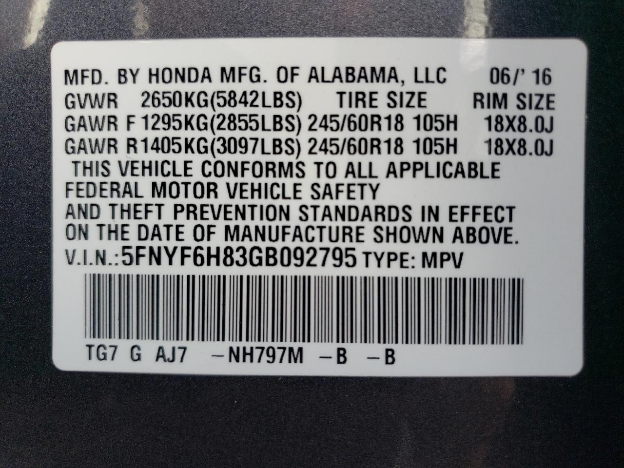 2016 Honda Pilot Exl VIN: 5FNYF6H83GB092795 Lot: 74187024
