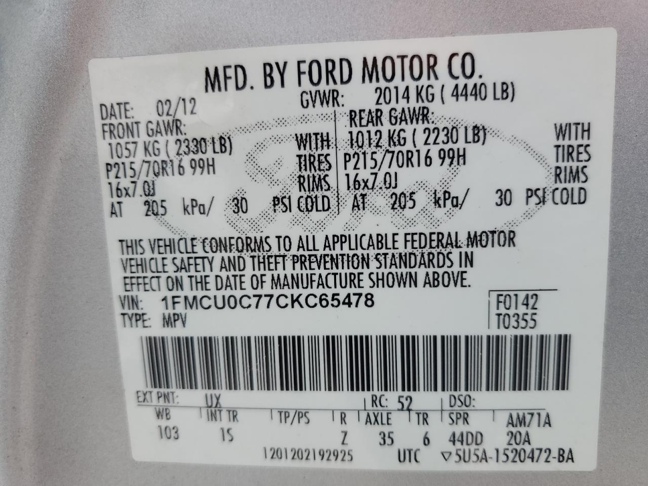 2012 Ford Escape Xls VIN: 1FMCU0C77CKC65478 Lot: 75807354