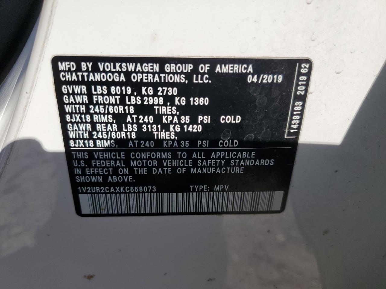 2019 Volkswagen Atlas Se VIN: 1V2UR2CAXKC558073 Lot: 76546284