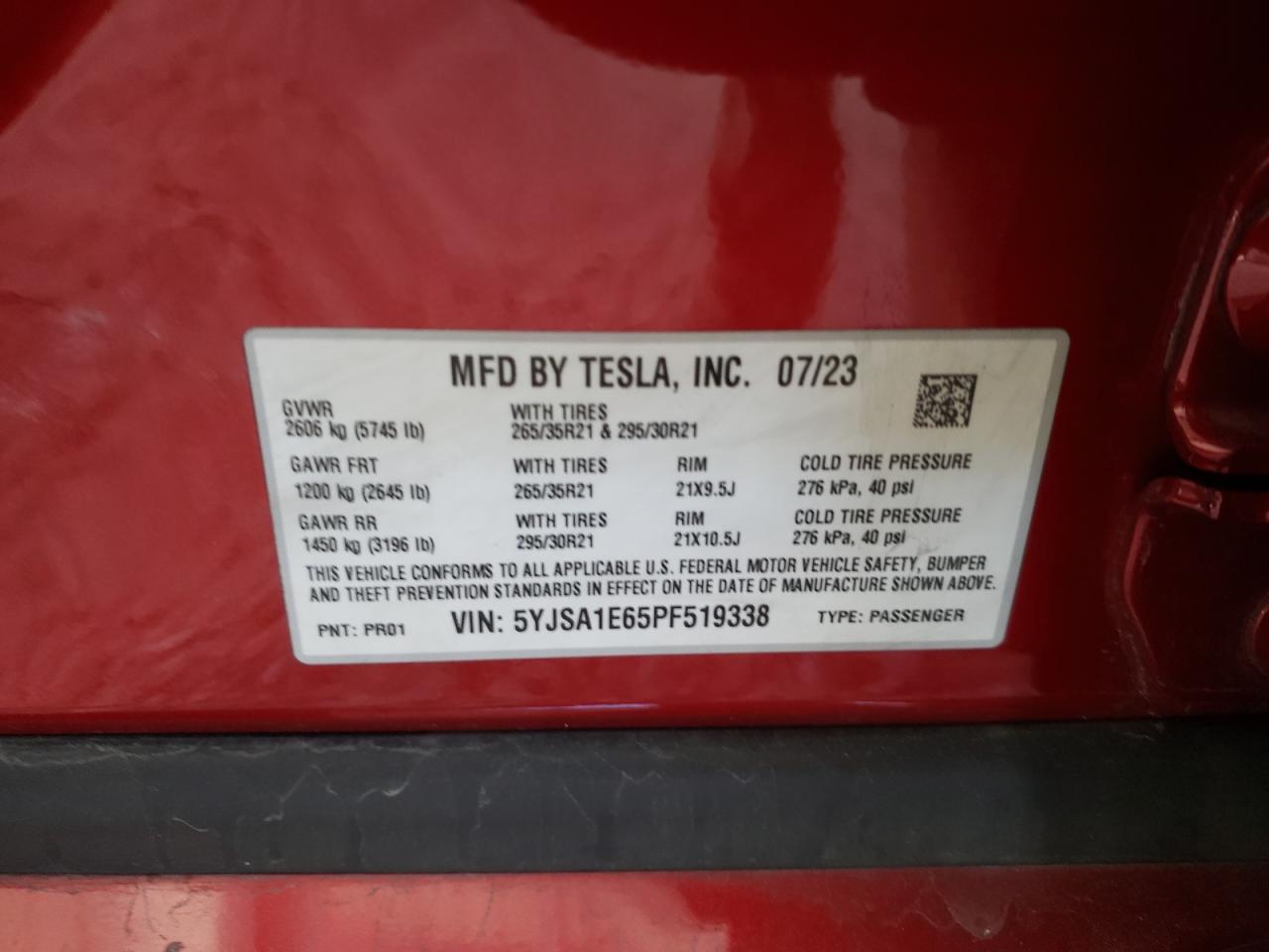 5YJSA1E65PF519338 2023 Tesla Model S