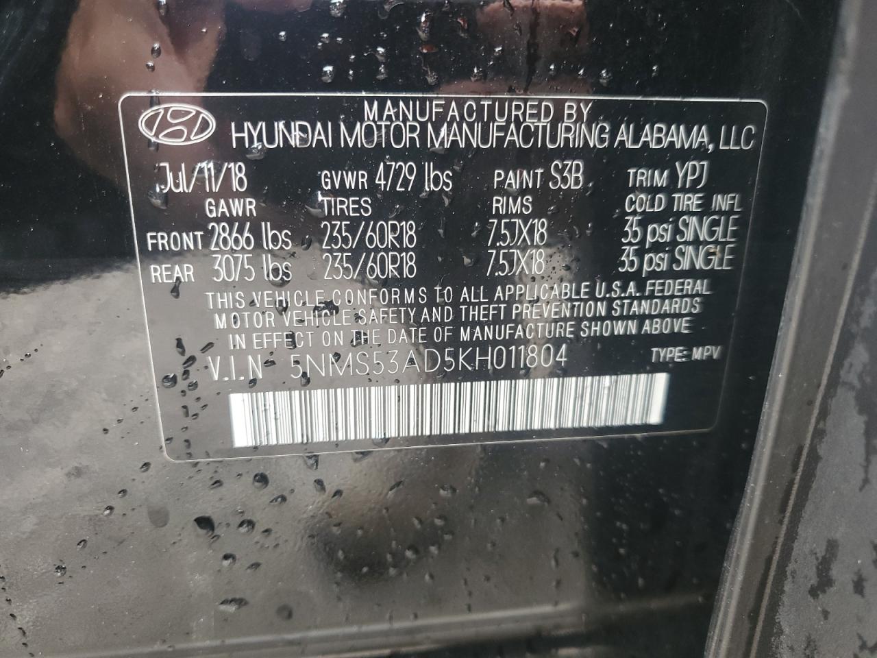 5NMS53AD5KH011804 2019 Hyundai Santa Fe Limited