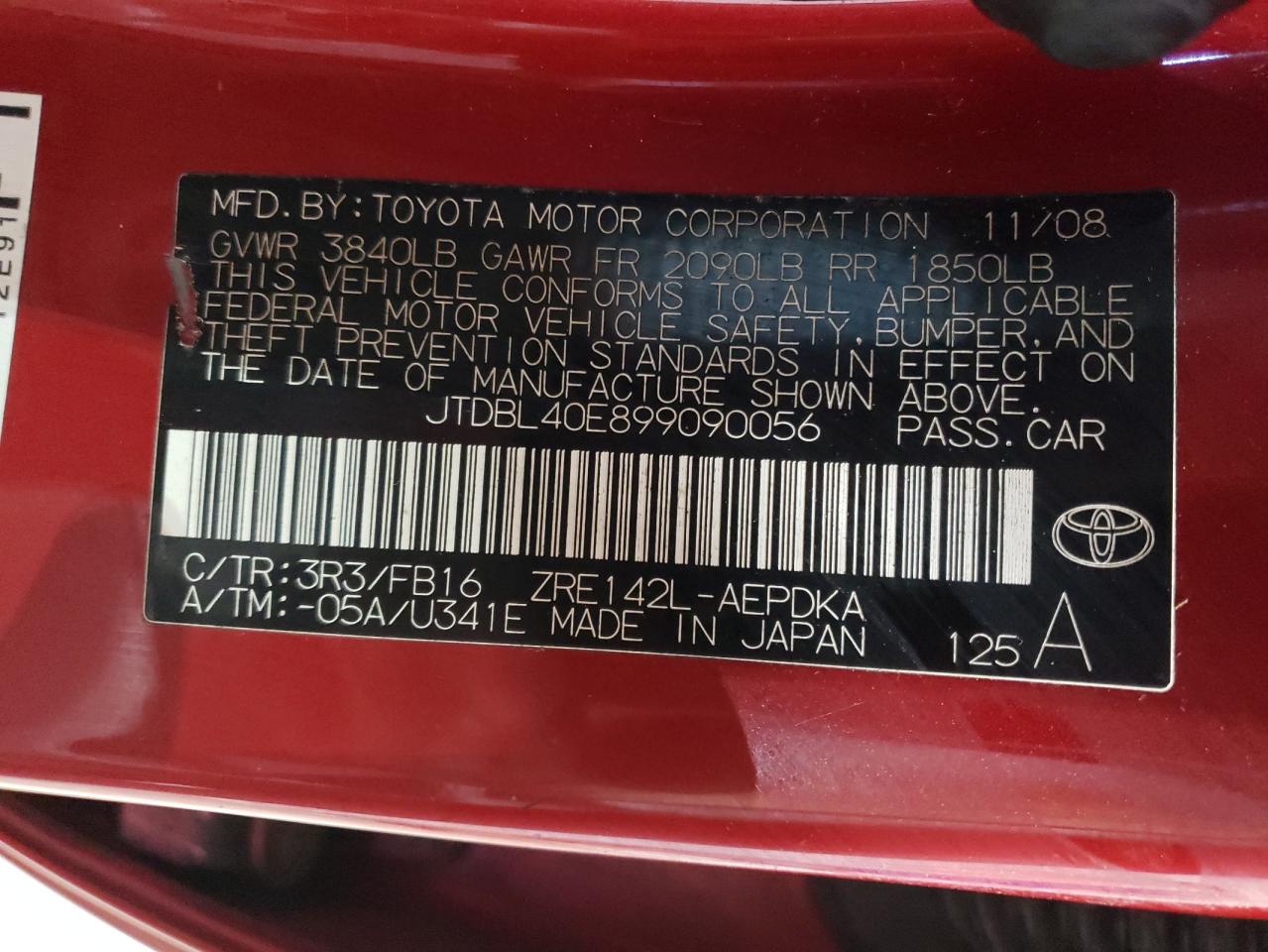 JTDBL40E899090056 2009 Toyota Corolla Base