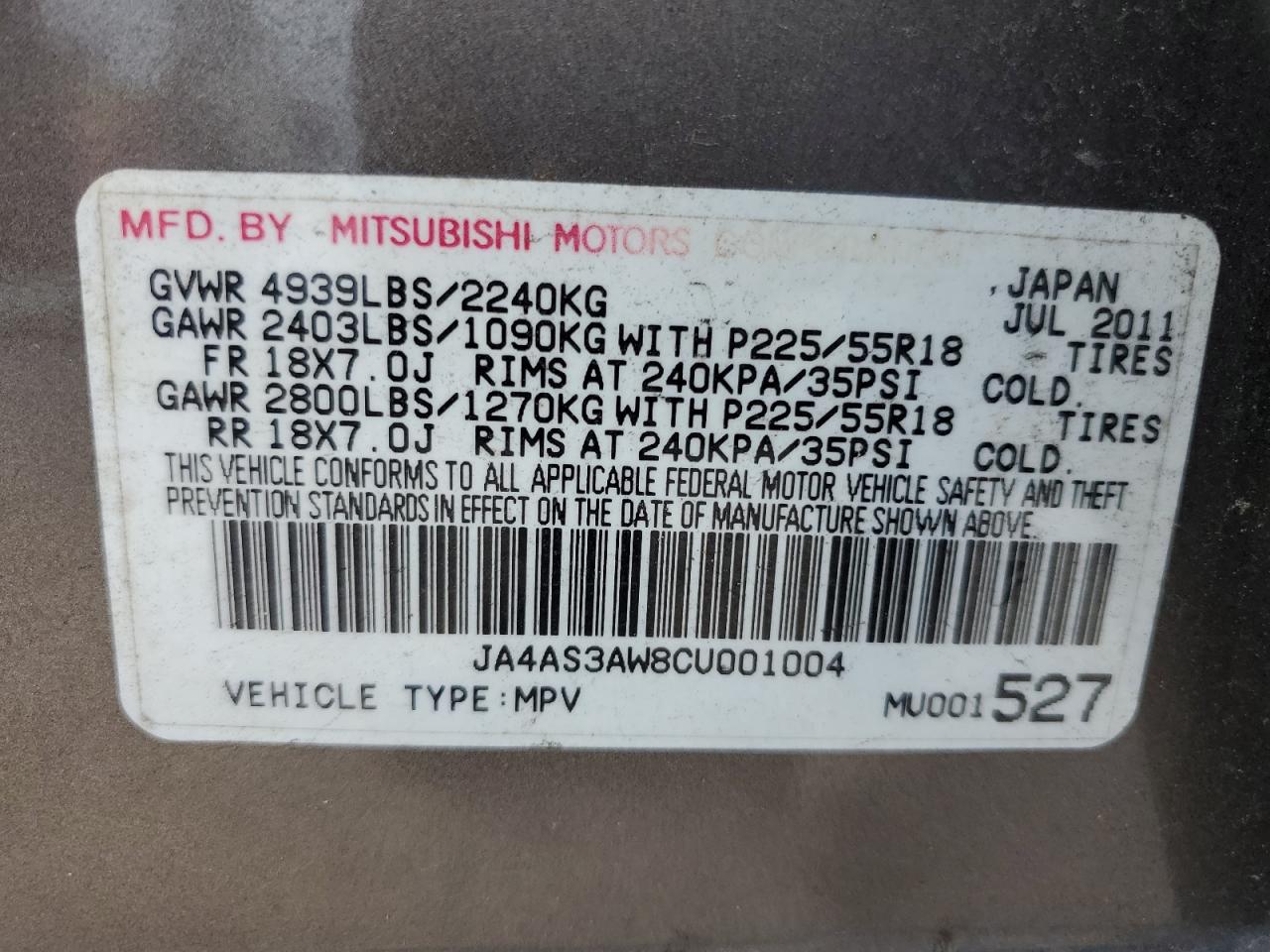 2012 Mitsubishi Outlander Se VIN: JA4AS3AW8CU001004 Lot: 77681084