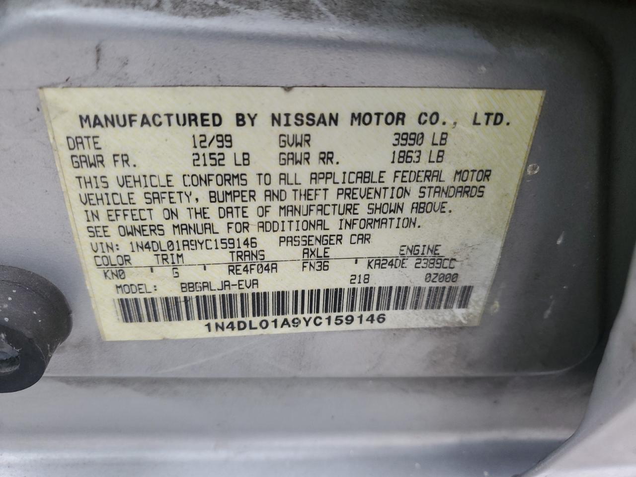 1N4DL01A9YC159146 2000 Nissan Altima Xe