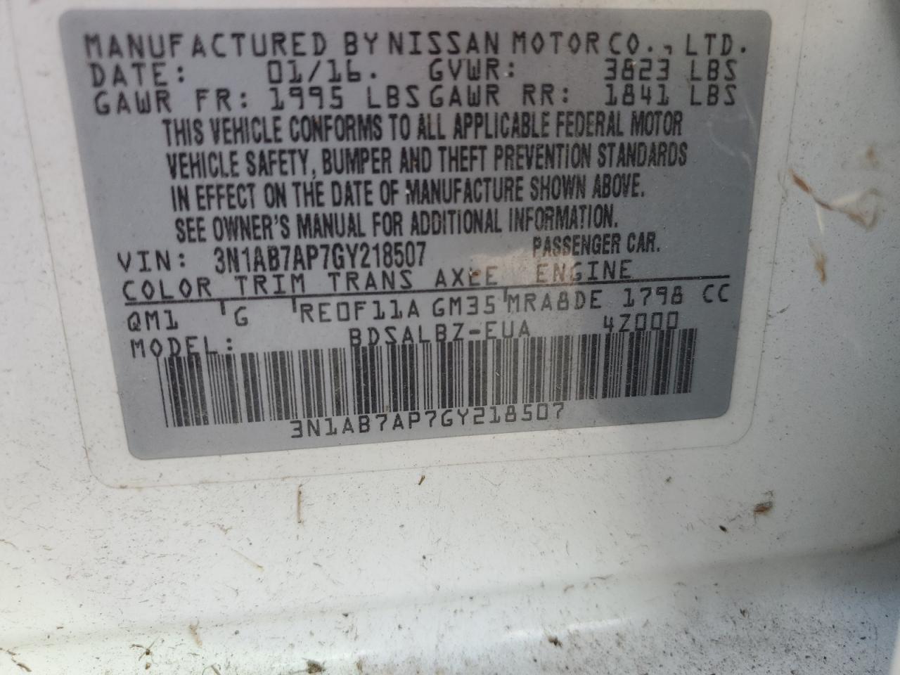 2016 Nissan Sentra S VIN: 3N1AB7AP7GY218507 Lot: 76820904