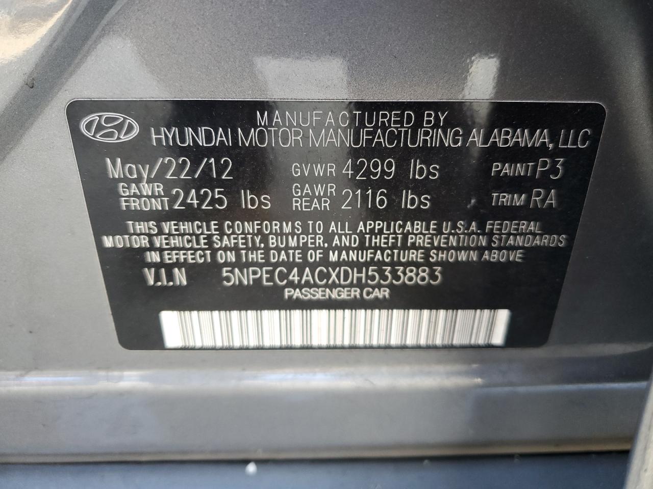 2013 Hyundai Sonata Se VIN: 5NPEC4ACXDH533883 Lot: 76797344