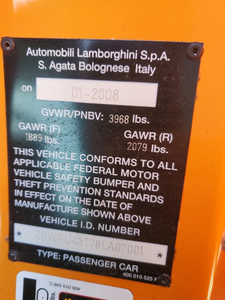 2008 Lamborghini Gallardo Superleggera VIN: ZHWGU43T78LA07001 Lot: 75648814