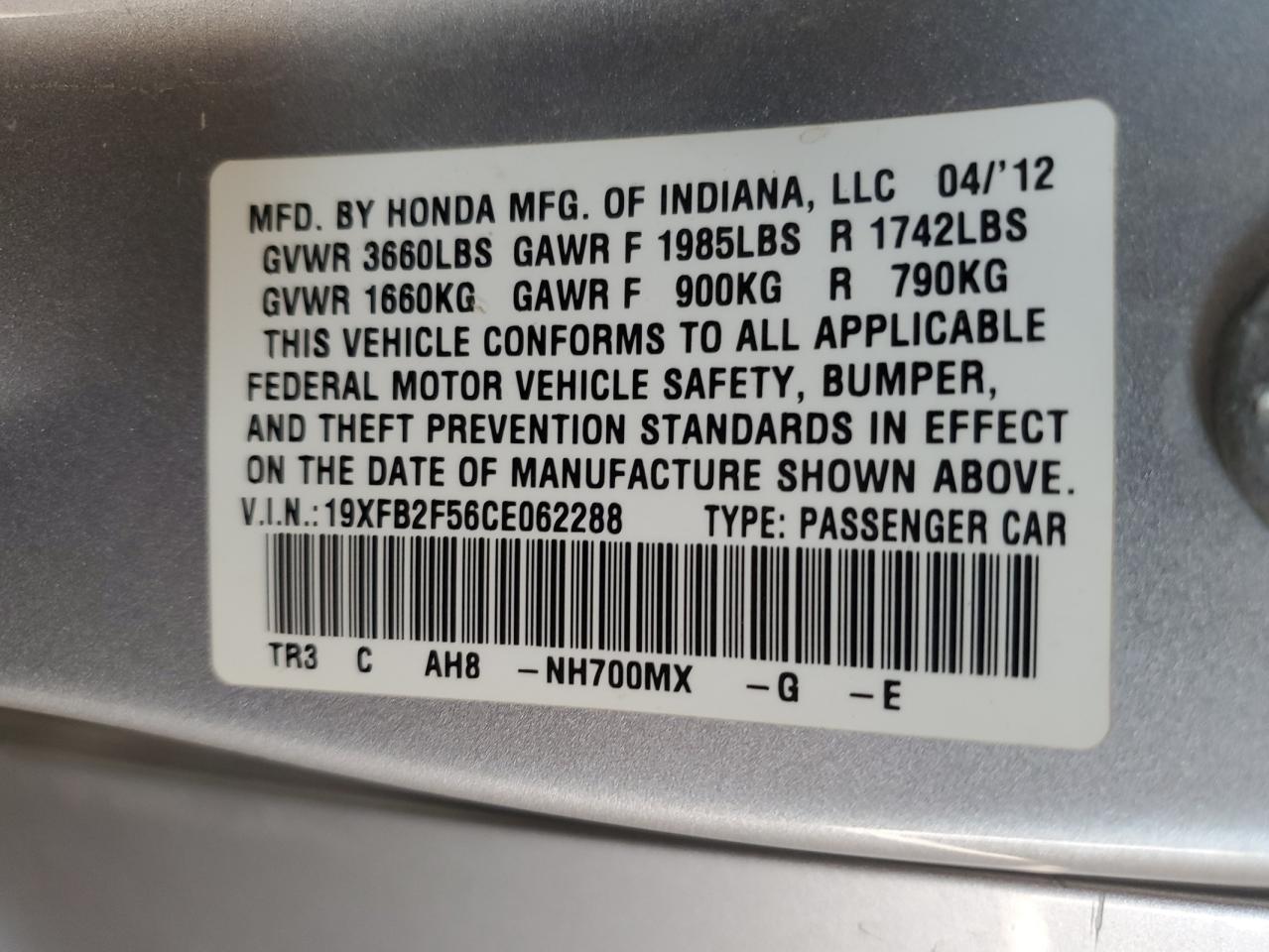 2012 Honda Civic Lx VIN: 19XFB2F56CE062288 Lot: 77064334