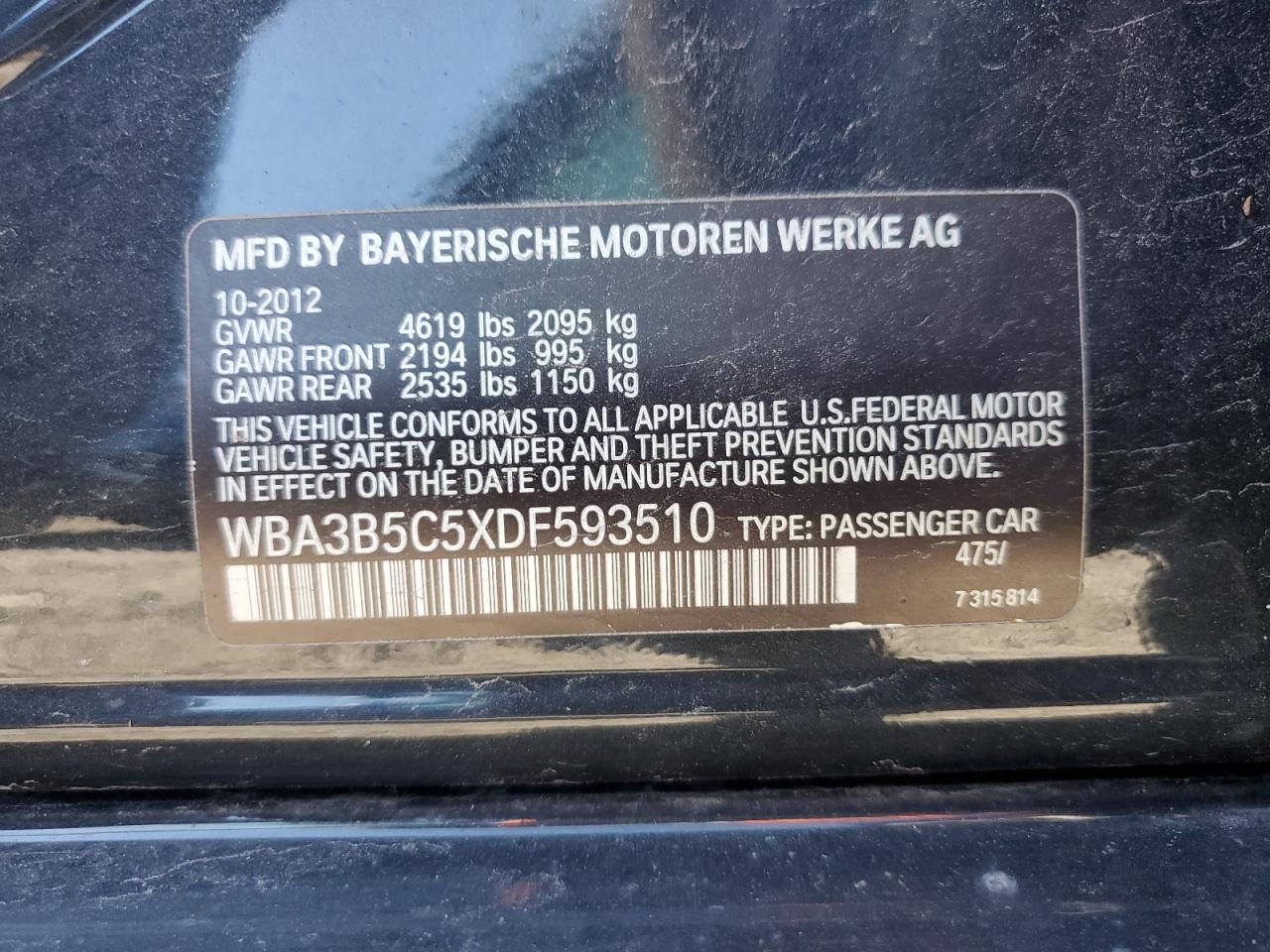 2013 BMW 328 Xi Sulev VIN: WBA3B5C5XDF593510 Lot: 73542654