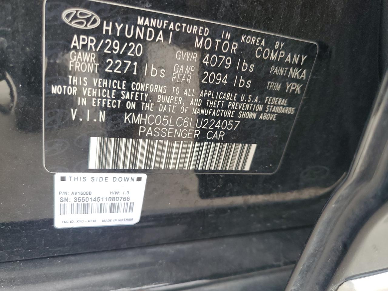 2020 Hyundai Ioniq Limited VIN: KMHC05LC6LU224057 Lot: 74190294