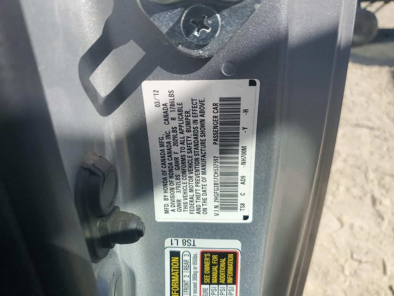 2HGFG3B17CH537592 2012 Honda Civic Exl