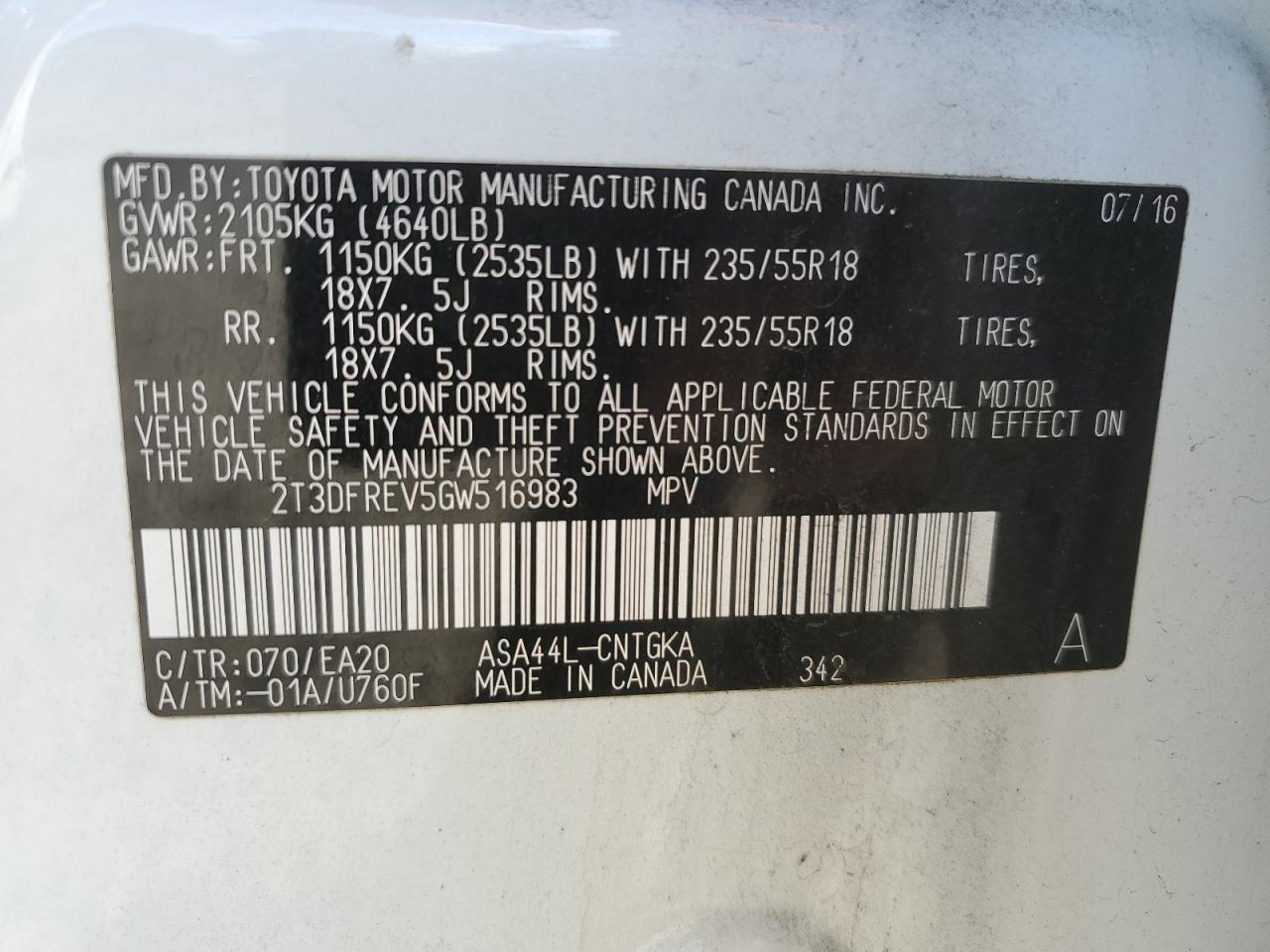 VIN 2T3DFREV5GW516983 2016 TOYOTA RAV4 no.14