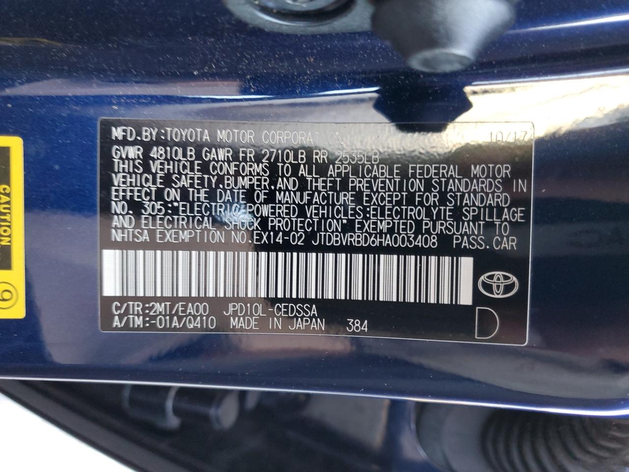 JTDBVRBD6HA003408 2017 Toyota Mirai