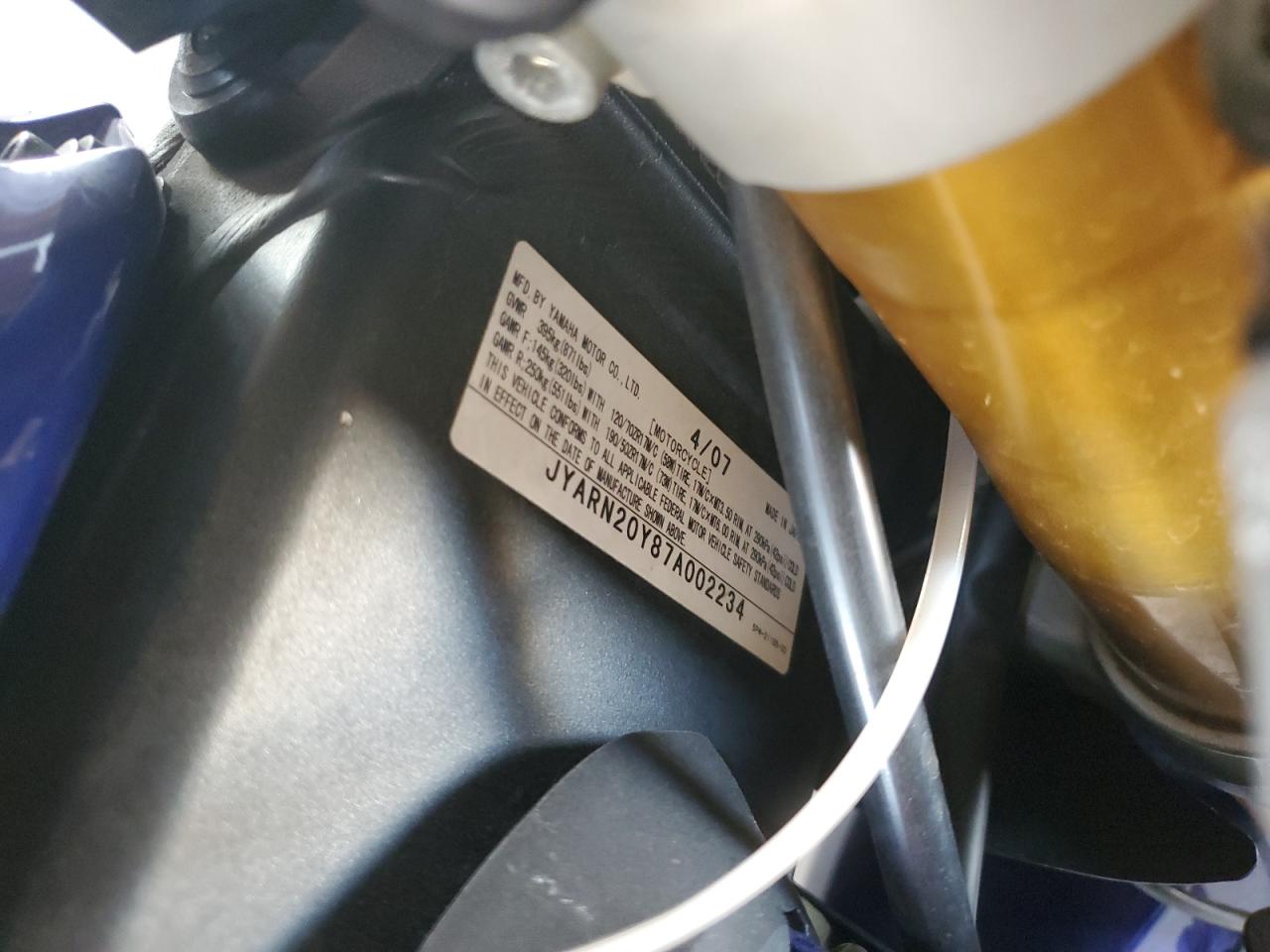 2007 Yamaha Yzfr1 VIN: JYARN20Y87A002234 Lot: 74379334