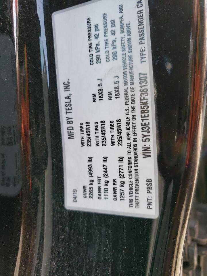 VIN 5YJ3E1EB5KF361307 2019 TESLA MODEL 3 no.12